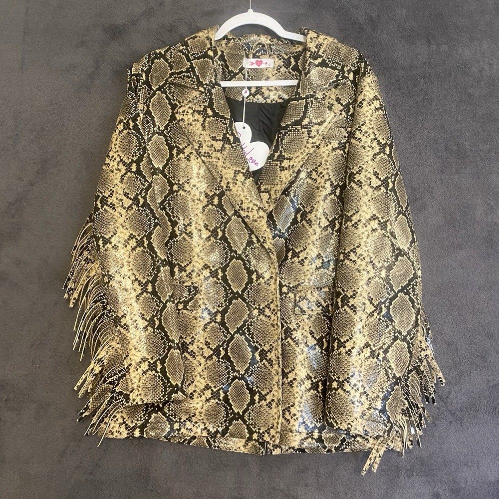 NWT Buddy Love Avery snake print fringe detailing Oversized Blazer L Poly/span.